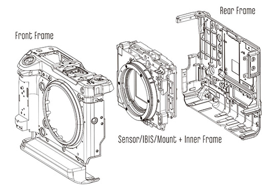 Fujifilm GFX100, lo spaccato del corpo macchina con il sistema IBIS integrato.